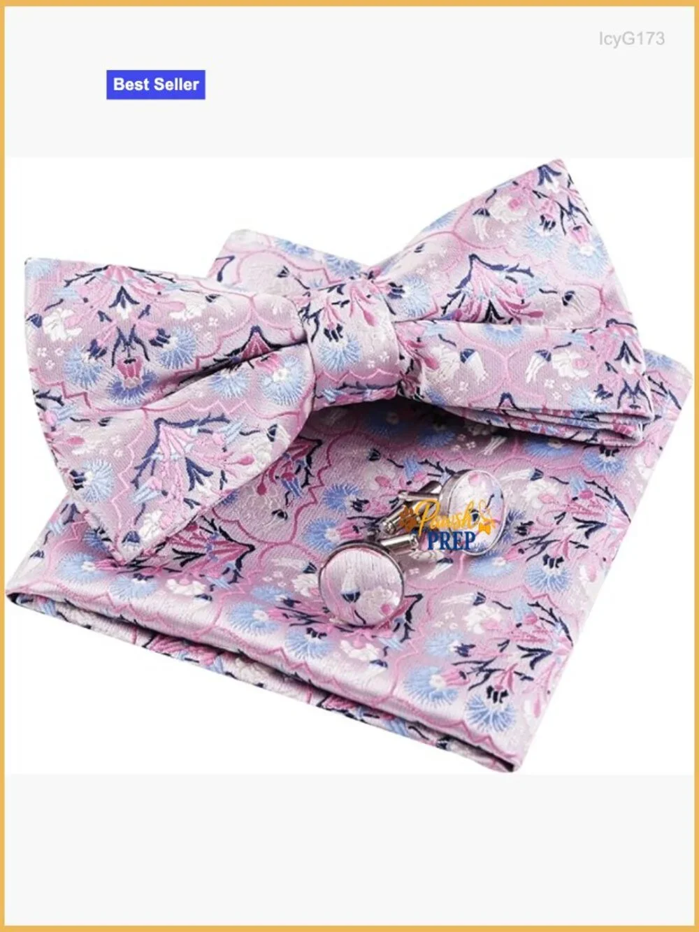 Men's Floral Bow Tie Set with Pocket Square and Cufflinks